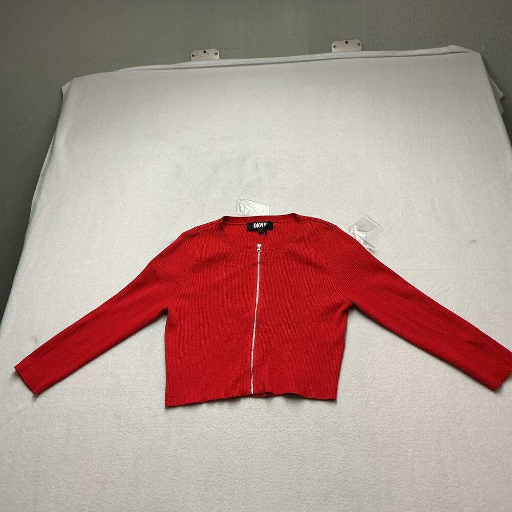 DKNY Women’s Red Cropped Full Zip Sweater Size Large, Excellent Condition,4295